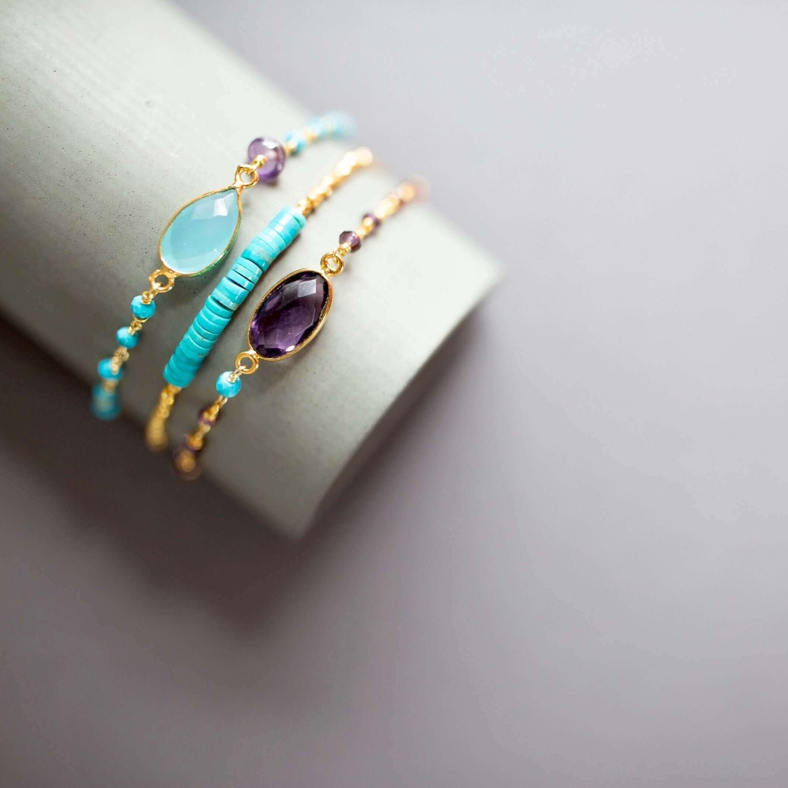 Bracelet Set: Amethyst, Blue Chalcedony and Turquoise
