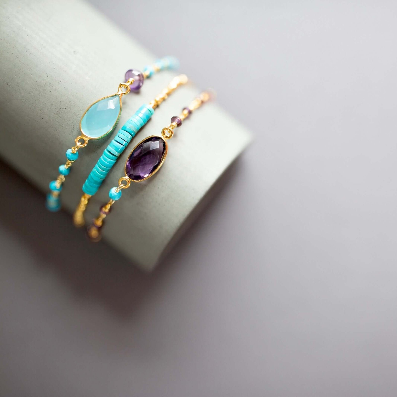 Aqua Blue Chalcedony Adjustable Gold Gemstone Bracelet - Image 2